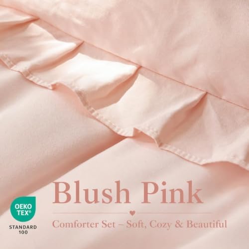 JANZAA Blush Pink Comforter Set Oversized King, Ruffle Soft Bedding