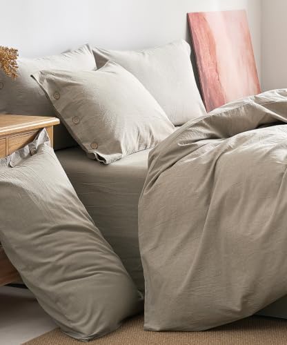 JELLYMONI 100% Washed Cotton Khaki-Beige Duvet Cover Full, Linen-Like