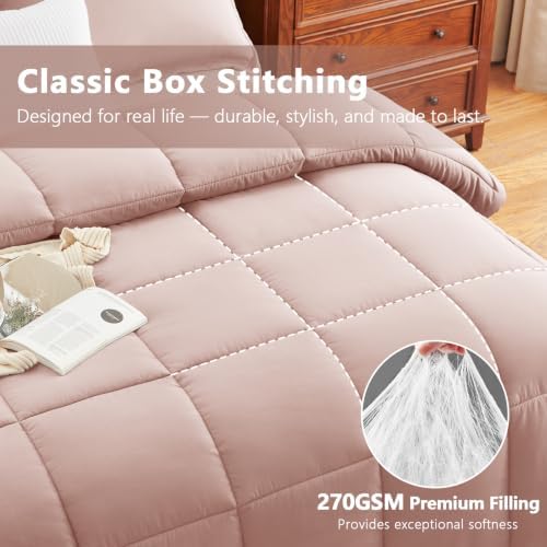 CozyLux Full Size Comforter Sets, 3-Piece Box-Stitched, Dusty Pink