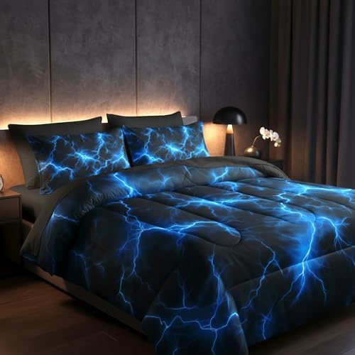 QOOMO Blue Lightning 7 Pieces Comforter Set King,Neon Bedding Set for Kids