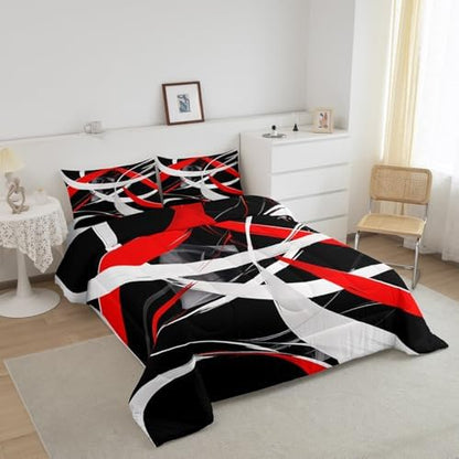 Feelyou Red Gray Black Comforter Toddler Size, Kids Geometrics Comforter Set Boys Girls Stripes Lines Comforter Abstract Duvet Insert with 1 Pillow Case