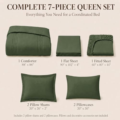 CozyLux Queen Comforter Set Olive Green - 7 Pieces Bed in a Bag