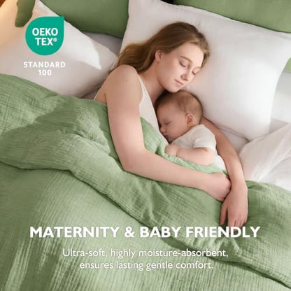 EMME Muslin Cotton Duvet Cover Set Linen Like Sage Green King