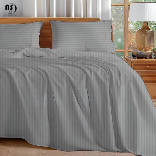NON Sticky cotton California King 4 Piece Sheet Set, 100% Long Staple Cotton, Soft Cooling Hotel Luxury Bedding Sheets, Deep Pocket Fits 10" to 18" Mattress, 72" x 84", Light Grey Stripe