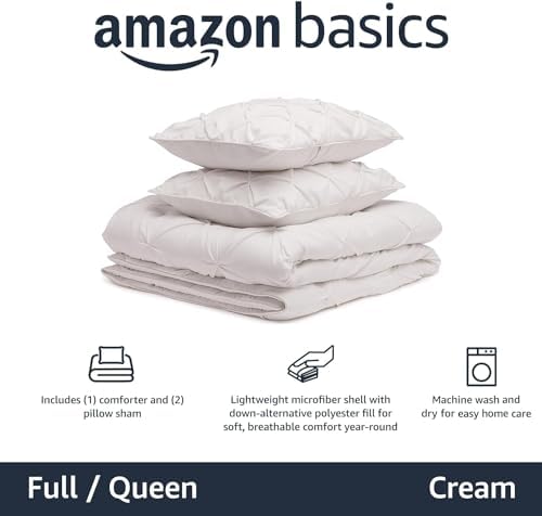 Amazon Basics Warm, Breathable Down-Alternative Comforter Set, 3-Piece Bedding with Pinch Pleat Design and Piped Edges, Soft, Full/Queen Size, Cream