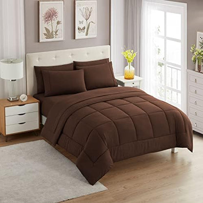 Sweet Home Collection 5 Piece Comforter Set Bag Solid Color All Season Soft Down Alternative Blanket & Luxurious Microfiber Bed Sheets, Brown, Twin XL