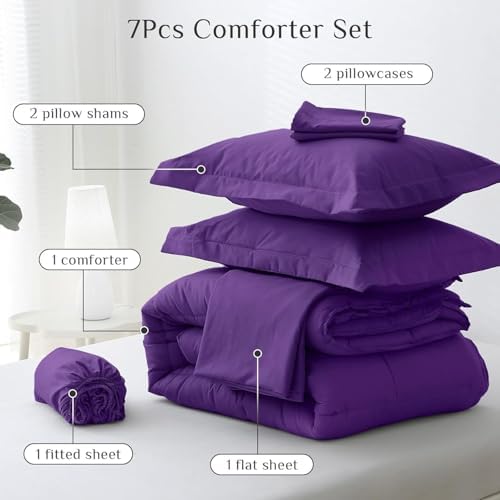 JOLLYVOGUE Full Comforter Set, Ultra-Soft Bed in a Bag Full Size 7 Pieces, Oeko-TEX Certified Bedding Set with Down Alternative Comforter, Sheets, Pillowcases & Shams, Purple