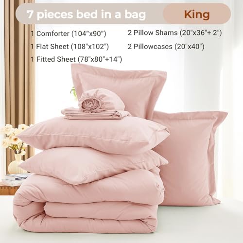 MUXHOMO 7 Pieces King Comforter Set, Soft Bed in a Bag King Size, All Season Bedding Set with Comforter, Flat Sheet, Fitted Sheet, Pillowcases & Shams, Pink