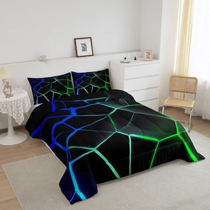 Feelyou Geometric Honeycomb Comforter Set Green Blue Stereoscopic Hexagon Comforter for Kids Boys Girls Beehive Hexagon Bedding Set Geometric Duvet Set Room Decor Quilt Full Size Boys