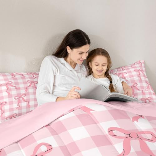 jejeloiu Girls Pink Bow Kids Comforter Set Full Size Bow Bedding Set Cute Bowknot Duvet Quilt for Kids Boys Girls Bedroom Decor Microfiber Ultra Soft Breathable