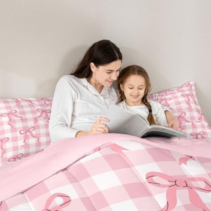 jejeloiu Girls Pink Bow Kids Comforter Set Full Size Bow Bedding Set Cute Bowknot Duvet Quilt for Kids Boys Girls Bedroom Decor Microfiber Ultra Soft Breathable