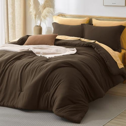 Prewashed Full Size Comforter Set 7 Pieces, Brown Bed Set
