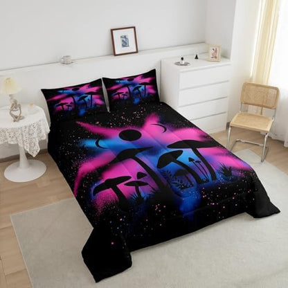 Castle Fairy Mushroom Silhouette Comforter Set Colorful Tie-dye Bedding Set for Kids Girls Women Adults Bohemian Comforter Fungus Plant Quilted Duvet Set Bedroom Collection Twin Size 2Pcs