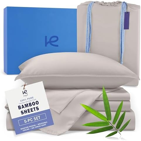 Kickoff Viscose Bamboo Sheets Split King Size 5-pc 100% Organic Bamboo Viscose Bed Cooling Sheets Split King Size Set Cool Bedding for hot Sleepers Sheet Set - Gift Ready Packaging (Light Grey, SK)