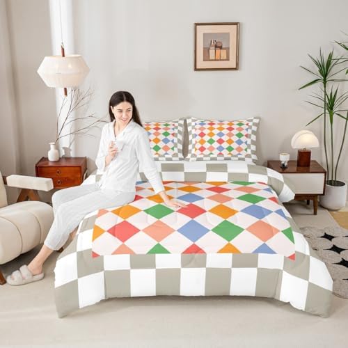 Feelyou Checkered Geometric Kids Comforter Set Queen Size Colorful Beige Brown Plaid Bedding Set Checkerboard Modern Aesthetic Duvet Quilt for Kids Boys Girls Bedroom Reversible Grey Decor
