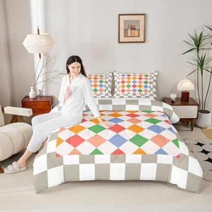 Feelyou Checkered Geometric Kids Comforter Set Toddler Size Colorful Beige Brown Plaid Bedding Set Checkerboard Modern Aesthetic Duvet Quilt for Kids Boys Girls Bedroom Reversible Grey Decor