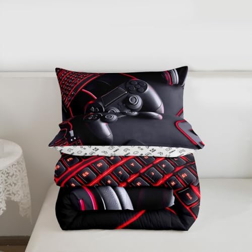 Feelyou Gamer Comforter Set Queen Size Gaming Bedding Set for Kids Boys Girls Game Room Decor Duvet Quilt Gamepad Bedroom Decor Red Microfiber 3 Pcs with 2 Pillow Cases