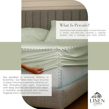 Linen Home 100% Cotton Percale Sheets Queen, 4 Pc Cooling Set - Sage