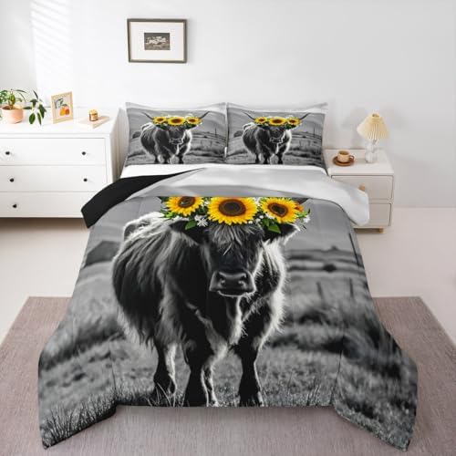 Erosebridal Highland Cow Comforter Set King Size for Adult Women Sunflower Print Bedding Farmhouse Decor Wild Animal Cows with Gray Fur Quilted Duvet 3 Pcs ,1 Cover + 2 Pillowcases
