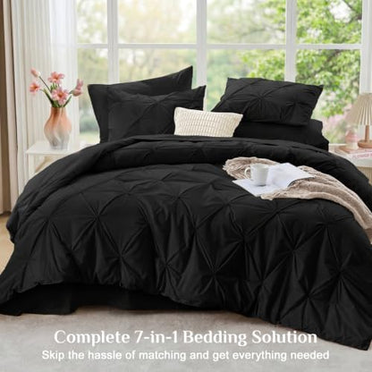 JOLLYVOGUE King Size Comforter Set 7 Pieces - Bed in a Bag King for All Season, Pintuck Bedding Comforter Sets with Comforter, Flat Sheet, Fitted Sheet and Pillowcases & Shams, Black