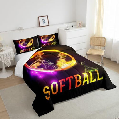 Castle Fairy Softball Comforter Set Yellow Gradient Bedding Set for Kids Girls Women Adults Sports Theme Comforter Softball Player Print Quilted Duvet Set Bedroom Collection Twin Size 2Pcs