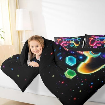 Game Consoles Kids Boys Reversible Comforter Set Full Size,Gaming Bedding Sets Galaxy 3D Neon Honeycomb Video Games Polyester Quilt Set Gamer Room Decor Gifts,2 Pillowcases (Red Green Blue)