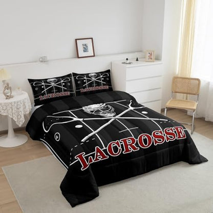 Manfei Lacrosse Comforter Set Twin Size, Sports Gaming Theme Quilt Set with 1 Pillowcase, White Lacrosse Player Bedding Set 2pcs for Kids Boys Teens Bedroom Decor