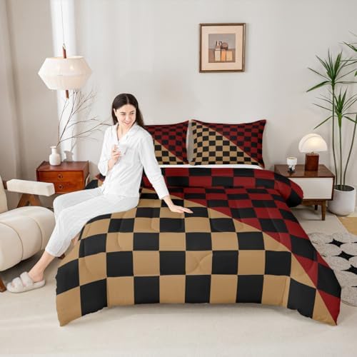 Checkered Retro Bedding Set for Boys Girls Modern Geometric Cute Comforter Set Full Size Brown Red Duvet Quilt Vintage Simple Groovy Aesthetic Bedroom Decor 3 Pcs with 2 Pillow Cases