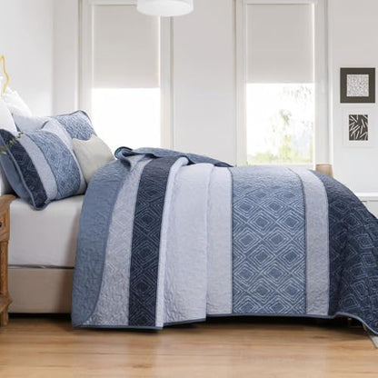 Cottolester Full Size Quilt,3 Pcs Mineral Blue Striped Plaid Bedspread