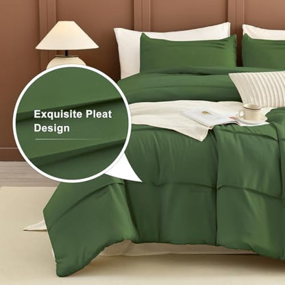 Masaca Olive Green Oversized King Comforter 120"x120",Pinch Pleat Dark Green Farmhouse Boho Bedding Set,3 Pieces Soft Lightweight Fluffy California King Comforter Set for All Season