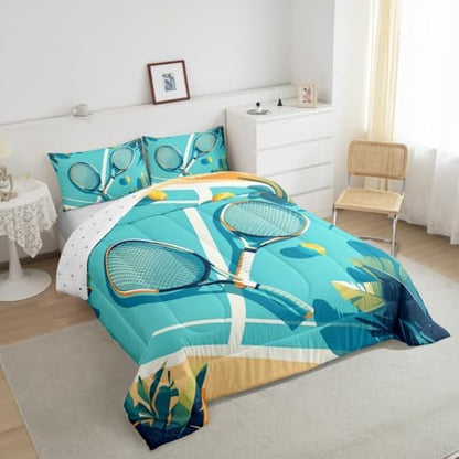 Castle Fairy Tennis Racket Bedding Set Toddler Size Summer Theme Sports Gaming Comforter Set for Kids Boys Bedroom Decor Tropical Palm Leaves Soft Duvet Insert Tennis Ball Down Comforter Set,2Pcs