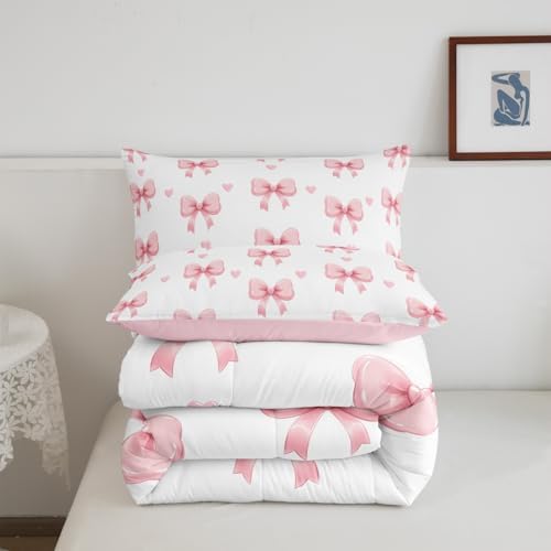 Feelyou Bow Bedding Set for Kids Girls Woman Full Size Bow Decor Comforter Set Ultra Soft Cute Coquette Bow Knot Comforter Love Heart Pattern Duvet Quilt Bedroom Decor Bowknot Quilt