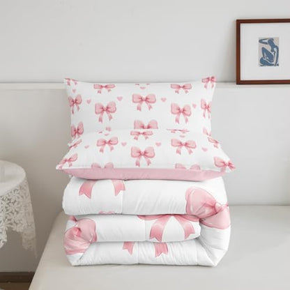Feelyou Bow Bedding Set for Kids Girls Woman Full Size Bow Decor Comforter Set Ultra Soft Cute Coquette Bow Knot Comforter Love Heart Pattern Duvet Quilt Bedroom Decor Bowknot Quilt