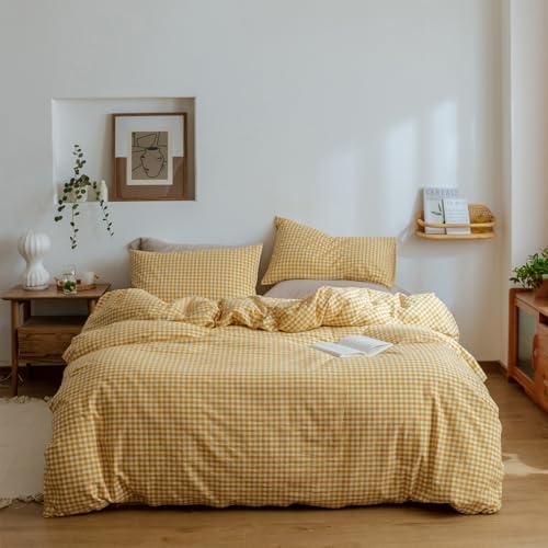 mixinni Yellow Gingham Comforter Set Full, Plaid Comforter Set 3 Pieces 1 Yellow Grid Comfoter with 2 Pillow Cases for All Seasons, Soft Fluffy Modern Grid Pattern Printed Bedding-Full Size
