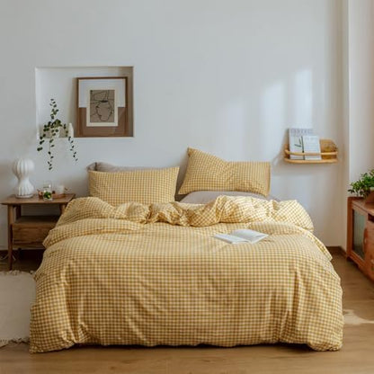 mixinni Yellow Gingham Comforter Set Twin XL, Plaid Comforter Set 3 Pieces 1 Yellow Grid Comfoter with 2 Pillow Cases for All Seasons, Soft Fluffy Modern Grid Pattern Printed Bedding-Twin XL Size