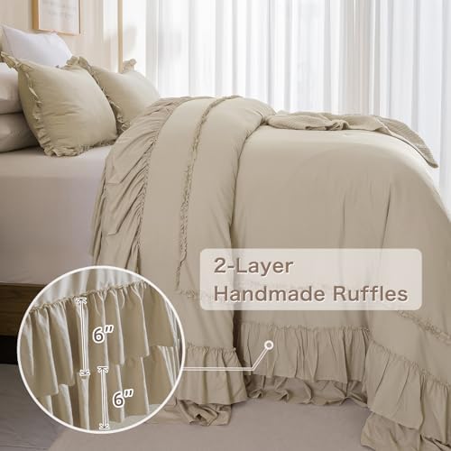 Masaca 120x120 Oversized Comforter King Size,Farmhouse Shabby Boho Chic Ruffle California King Bed Comforter Set French Country Rustic Bedding 3PCS (1 Ruffled Comforter+2 Pillow Shams)