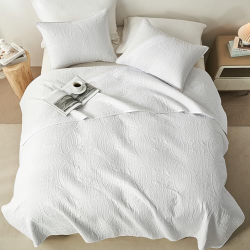 akkialla Queen Quilt Bedding Set,White Ultrasonic Full/Queen Quilt Set,Lightweight Soft Bedspread Coverlet,Modern Style Coin Pattern Bed Cover for All Seasons,3 Piece(1 Quilt,2 Pillow Shams)