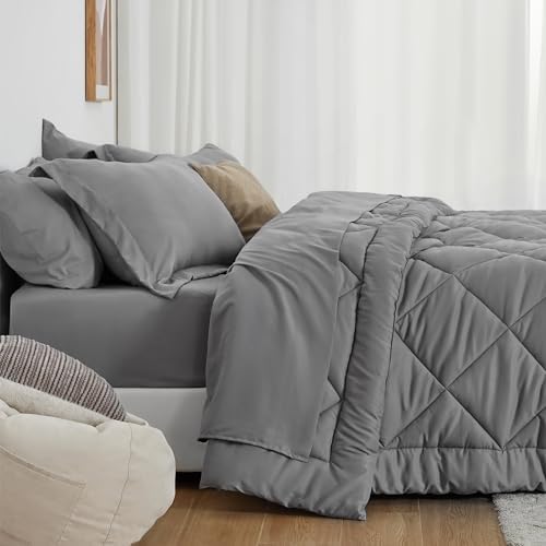 Love's cabin Twin Comforter Set Grey, 5 Pieces Twin Bed in a Bag, All Season Bedding Sets with 1 Comforter, 1 Flat Sheet, 1 Fitted Sheet, 1 Pillowcase and 1 Pillow Sham