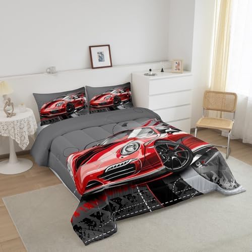 Feelyou Red Race Car Comforter Set Sports Car Bedding Set for Kids Boys Girls Extreme Sport Theme Gorgeous Duvet Set Cool Speed Automobile Decor Quilt Set with 2 Pillowcases 3Pcs Bedding Full