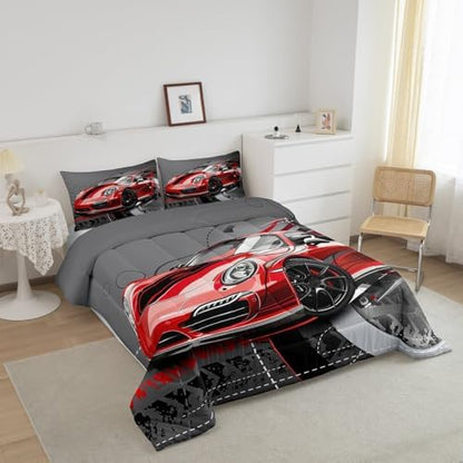 Feelyou Red Race Car Comforter Set Sports Car Bedding Set for Kids Boys Girls Extreme Sport Theme Gorgeous Duvet Set Cool Speed Automobile Decor Quilt Set with 2 Pillowcases 3Pcs Bedding Full