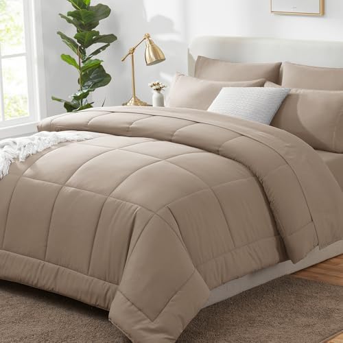 CozyLux Full Size Comforter Sets Khaki - 7 Pieces Bed in a Bag