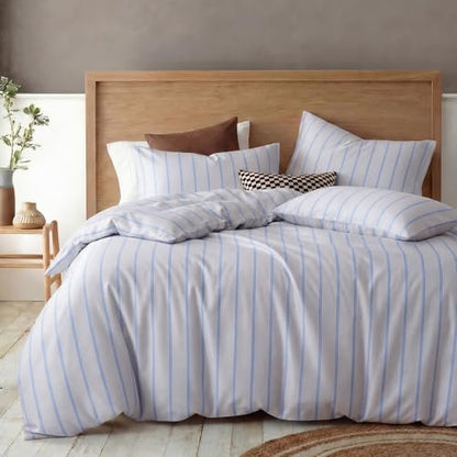 Bedbay Cotton Striped Duvet Cover Set Queen Size, Grey Blue Striped Bedding, 100% Cotton Sateen, Silky Soft Modern Minimalist 3 Piece Bedding Set for All Seasons