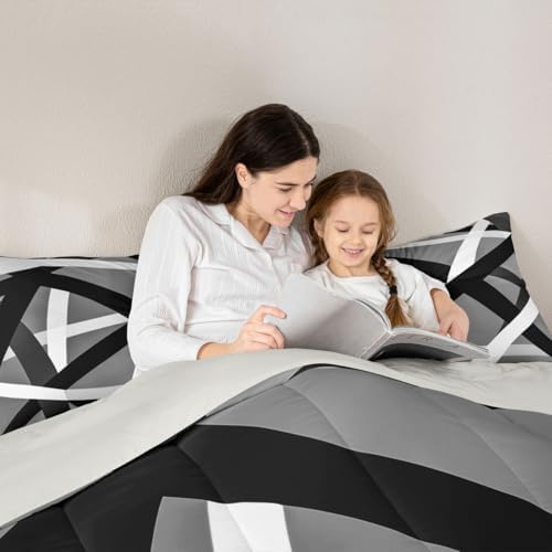 jejeloiu Black Gray Bedding Set Soft for Boys Girls, Geometric Comforter Set Twin Size Stripe Line Duvet Quilt Microfiber Modern Abstract Bedroom Decor 2 Pcs with 1 Pillow Cases