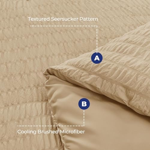 HYMOKEGE Khaki King Size Comforter Set Seersucker 7 Pieces, All Season Luxury Bed in a Bag for Bedroom, Bedding Set with Comforter, Sheets, Pillowcases & Shams