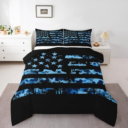 Erosebridal American Flag Comforter Set Full for Boys Kids Teens Bedroom, Camouflage Bedding Set United States Down Comforter USA Federations Stars Duvet Sets 3 Pieces with 2 Pillow Cases, Blue Black