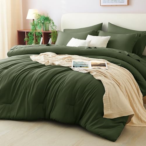 CozyLux Oversized King Comforter Set Olive Green, 7 Pieces Bed in a Bag