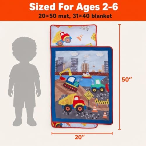 EVERYDAY KIDS Toddler Nap Mat with Removable Pillow -Under Construction- Carry Handle with Fastening Straps Closure, Rollup Design, Soft Microfiber for Preschool, Daycare, Sleeping Bag -Ages 2-6 years
