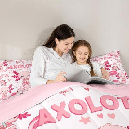Manfei Cute Axolotl Kids Comforter Set Queen Size,Stars Rainbow Cartoon Bedding Set,Girls Boys Adults Room Decor,Strawberry Love Heart Romantic Down Comforter,Pink Kawaii Duvet Insert,2 Pillowcases