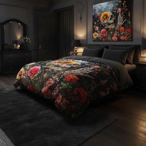 CCoutueChen Smile Skull Comforter Set King Size, Gothic Floral Bedding Set for Women Bedroom Decor,3 Pcs 2 Pillowcases/104 * 90