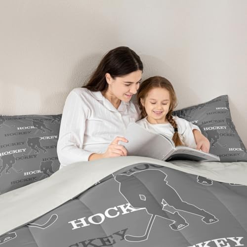 Manfei Hockey Players Kids Comforter Set Queen Size, Bedding Set,Girls Boys Room Decor,Ball Activity Game Quilt Comforter,Gray Duvet Set Bedroom Quilt Set,2 Pillowcases